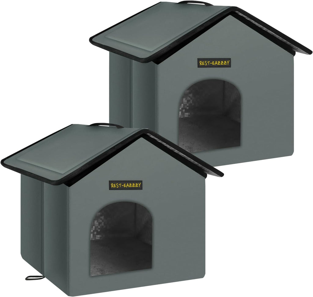 Rest-Eazzzy Cat House for Outdoor Cats, Weatherproof and Insulated Feral Cat House with Mat and Clip, Easy to Put Together, Selfwarming Cat Shelter for Winter(Grey, Waterproof House-L)
