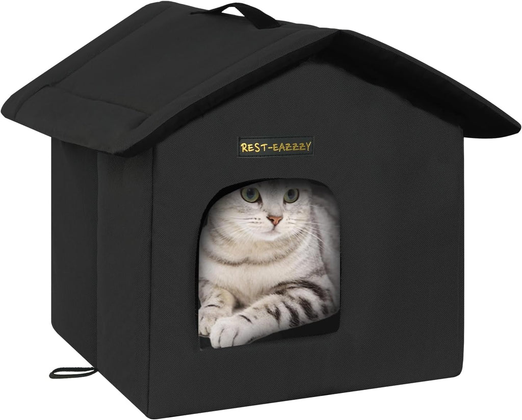 Rest-Eazzzy Cat House for Outdoor Cats, Weatherproof and Insulated Feral Cat House with Mat and Clip, Easy to Put Together, Selfwarming Cat Shelter for Winter(Grey, Waterproof House-L)