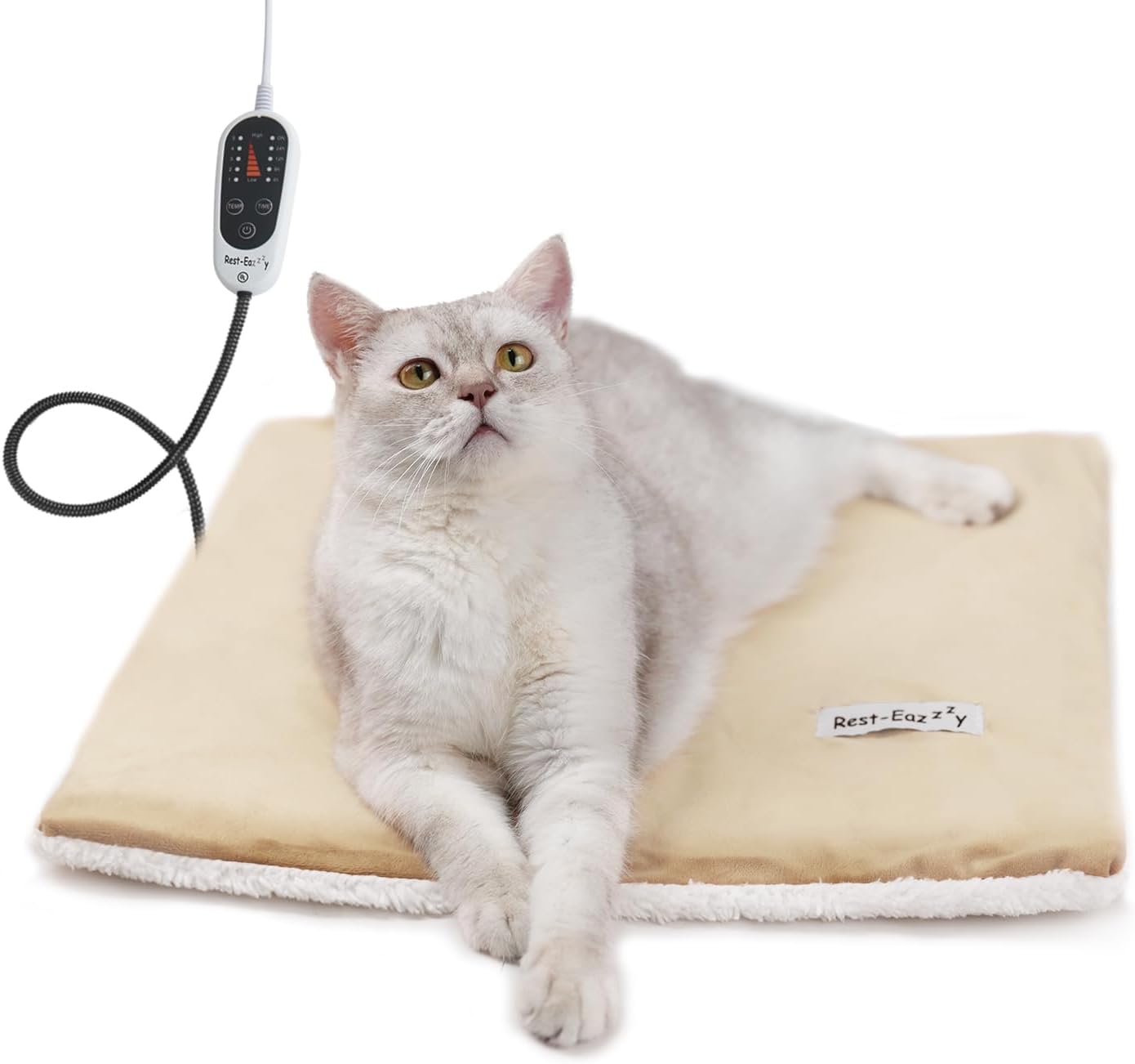 Rest-Eazzzy Cat Heating Pad, Cat Bed with Removable Cover Heated Cat Bed 5 Level Timer and 5 Level Temperature, Cat Beds for Indoor Warming Mat for Cat Dog (Heat pad, Pure-Beige)