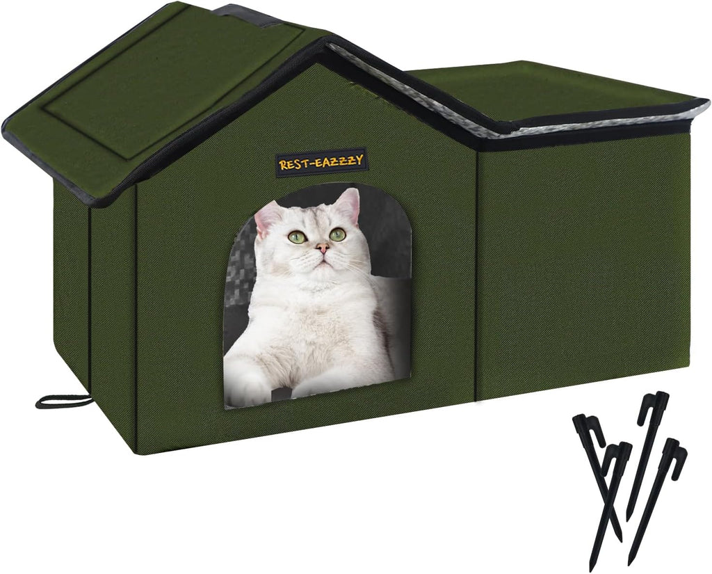 Rest-Eazzzy Cat House for Outdoor Cats, Weatherproof and Insulated Feral Cat House with Mat and Clip, Easy to Put Together, Selfwarming Cat Shelter for Winter(Grey, Waterproof House-L)