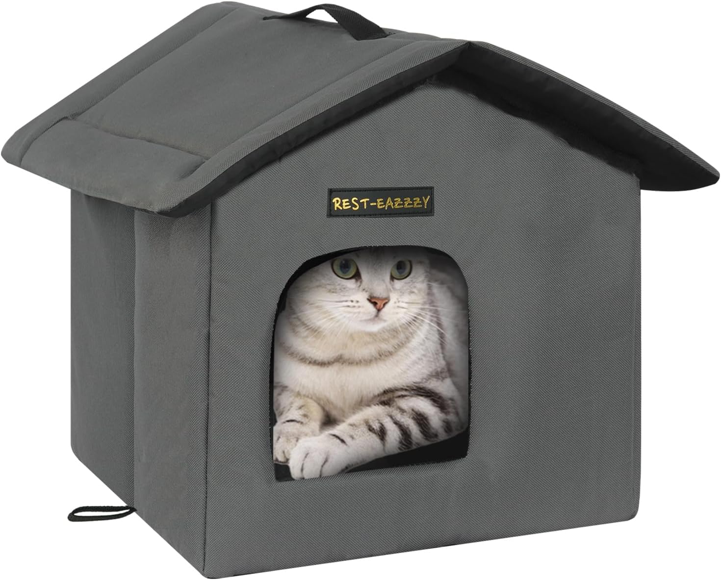 Rest-Eazzzy Cat House for Outdoor Cats, Weatherproof and Insulated Feral Cat House with Mat and Clip, Easy to Put Together, Selfwarming Cat Shelter for Winter(Grey, Waterproof House-L)