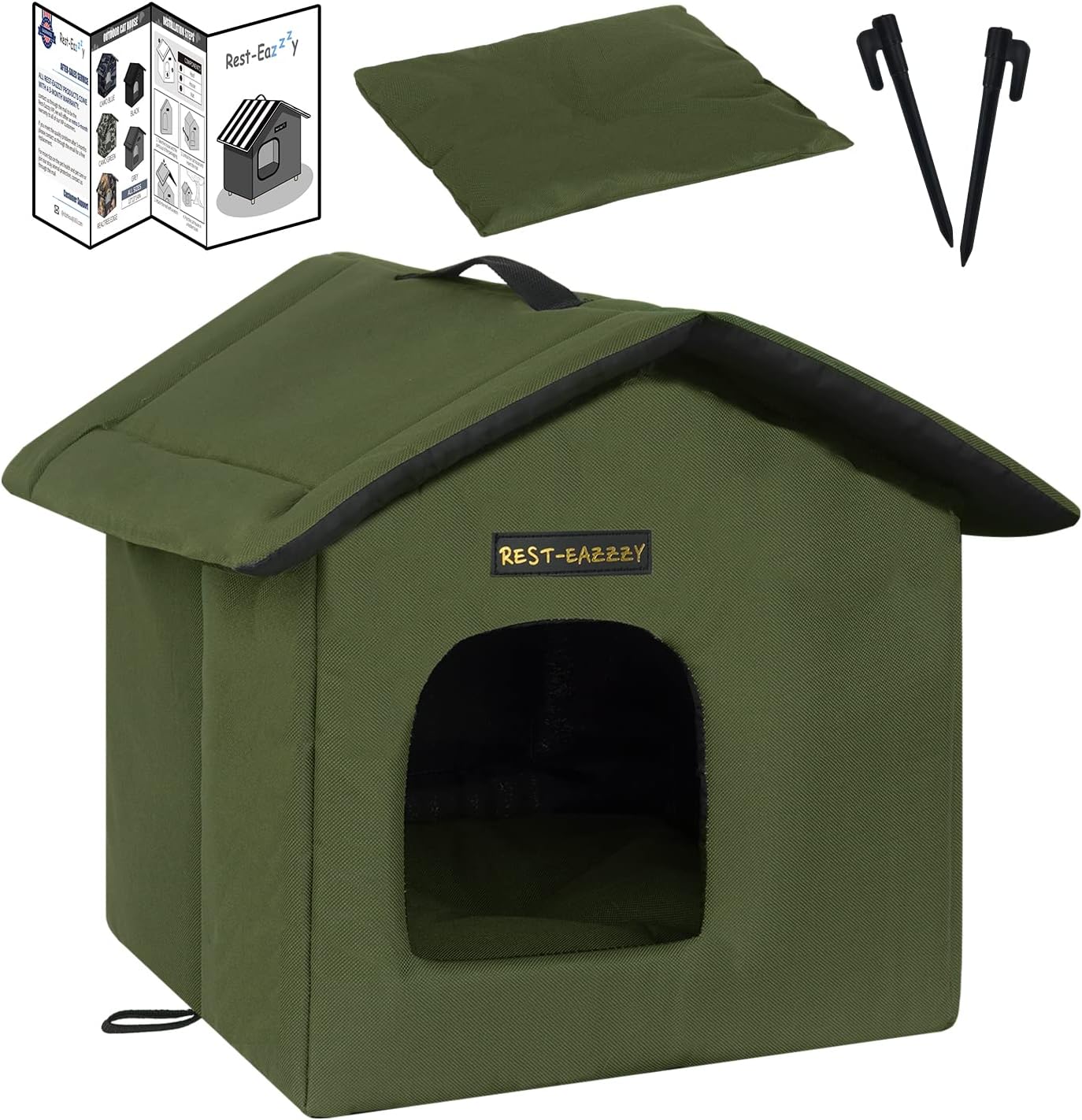Rest-Eazzzy Cat House for Outdoor Cats, Weatherproof and Insulated Feral Cat House with Mat and Clip, Easy to Put Together, Selfwarming Cat Shelter for Winter(Grey, Waterproof House-L)