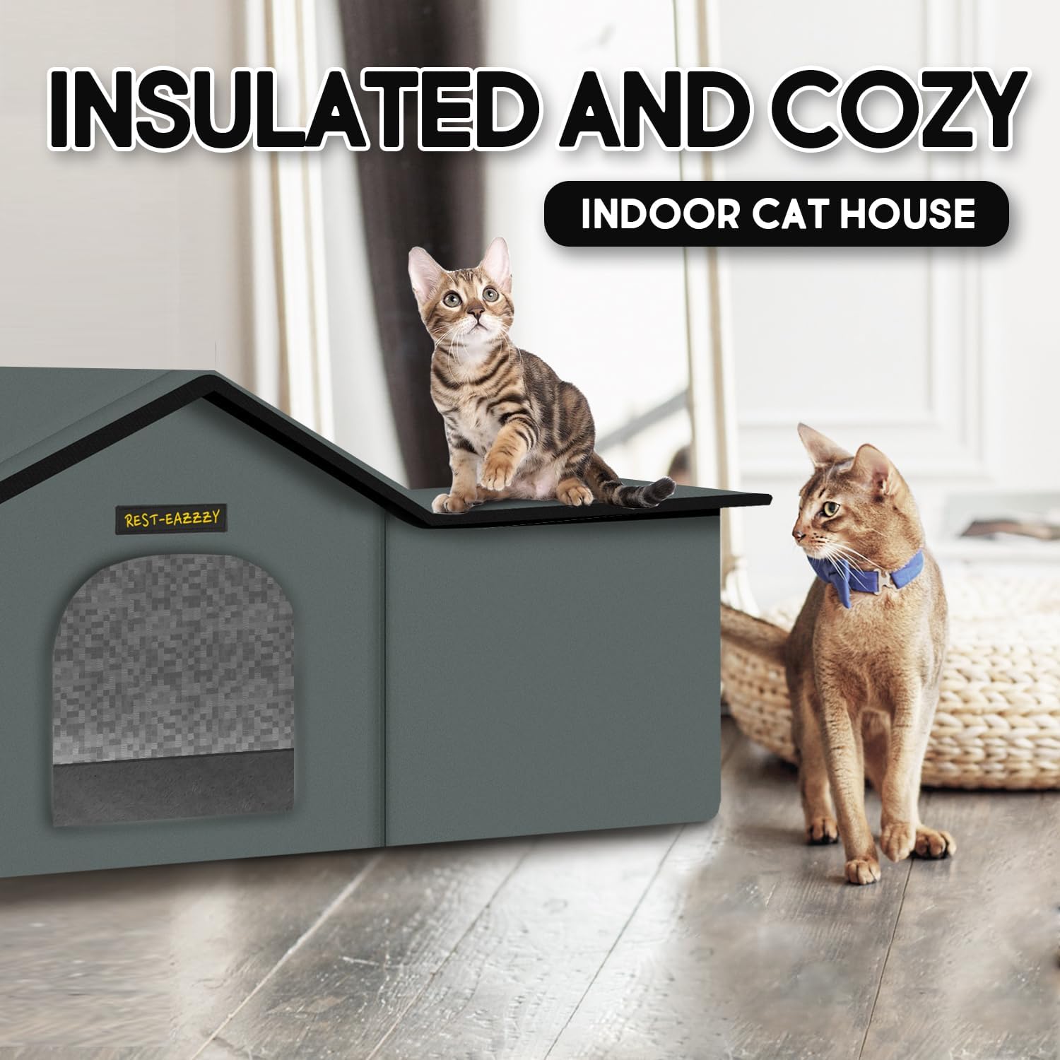 Rest-Eazzzy Cat House for Outdoor Cats, Weatherproof and Insulated Feral Cat House with Mat and Clip, Easy to Put Together, Selfwarming Cat Shelter for Winter(Grey, Waterproof House-L)