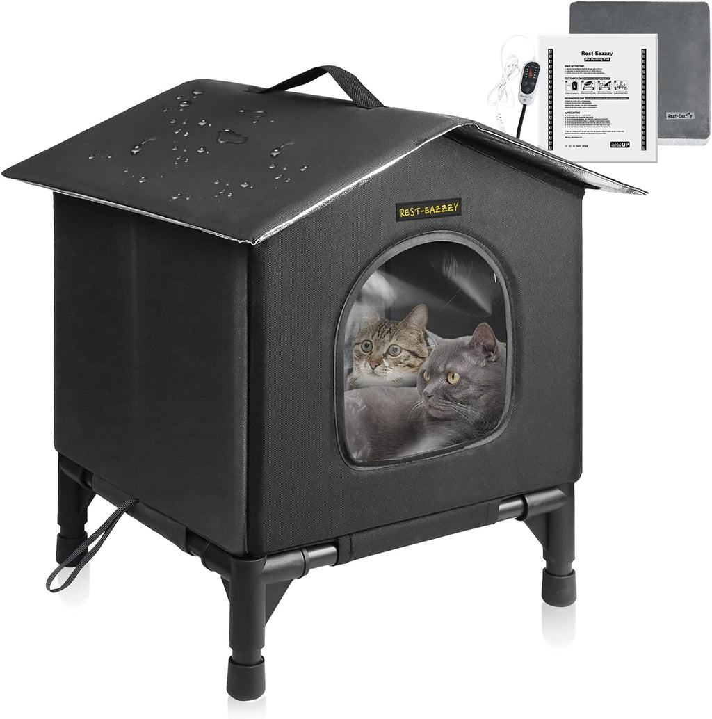 Heated Cat House for Indoor Cats in Winter, Waterproof, Fully Insulated Shelter for Stray and Feral Cats, Great for Cat Houses for Indoor Cats and Cat Beds for Indoor Cats (Grey-Heat, Small)