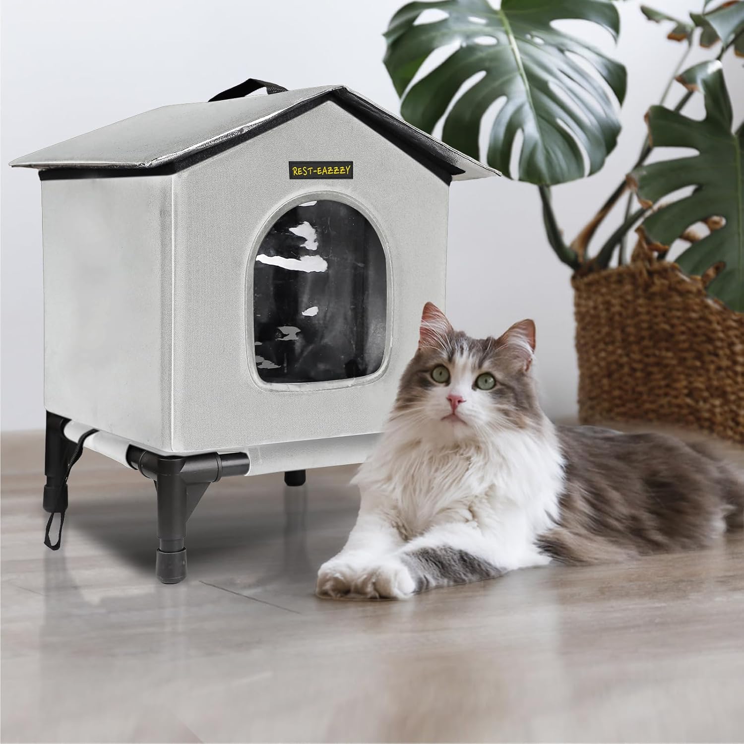 Heated Cat House for Indoor Cats in Winter, Waterproof, Fully Insulated Shelter for Stray and Feral Cats, Great for Cat Houses for Indoor Cats and Cat Beds for Indoor Cats (Grey-Heat, Small)