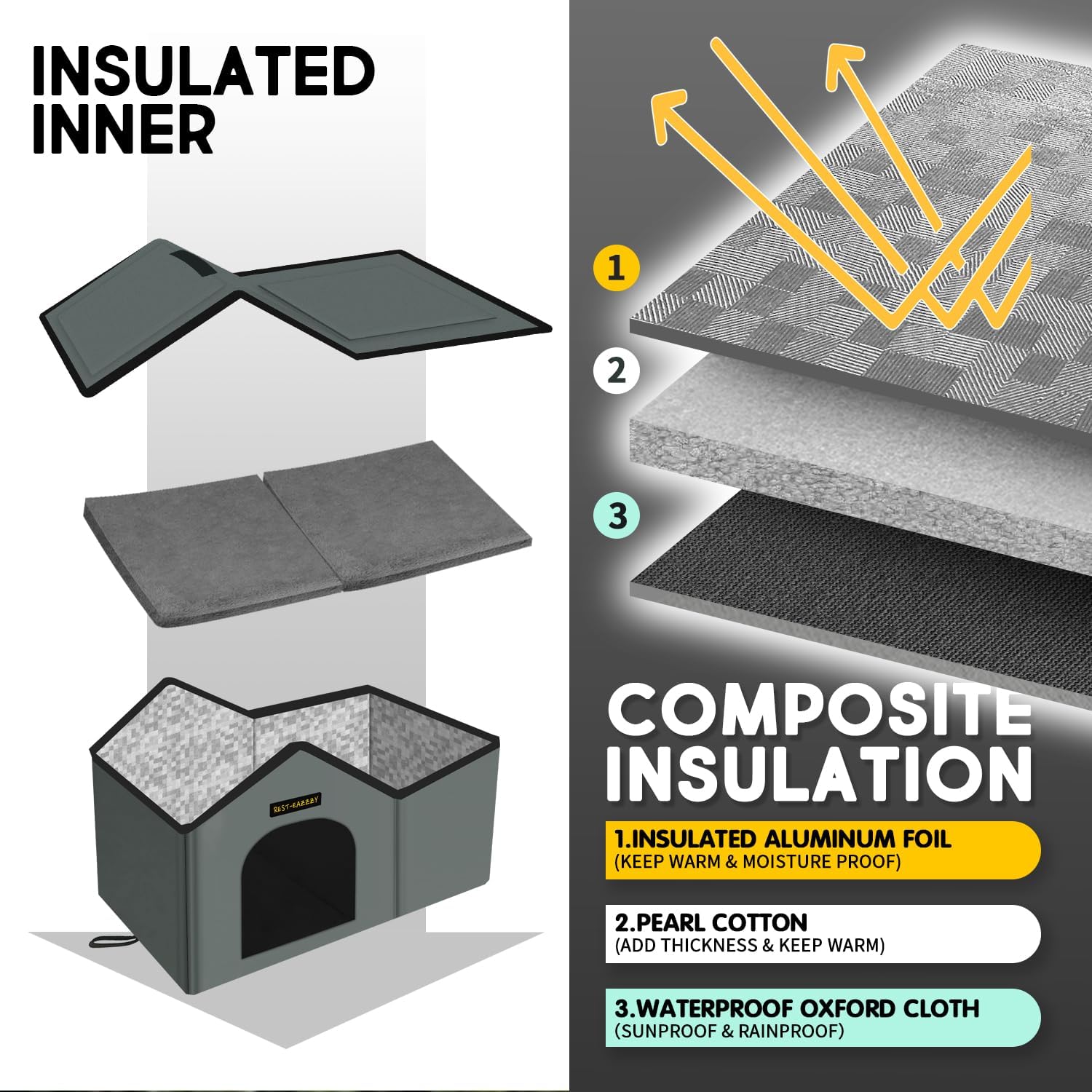 Rest-Eazzzy Cat House for Outdoor Cats, Weatherproof and Insulated Feral Cat House with Mat and Clip, Easy to Put Together, Selfwarming Cat Shelter for Winter(Grey, Waterproof House-L)