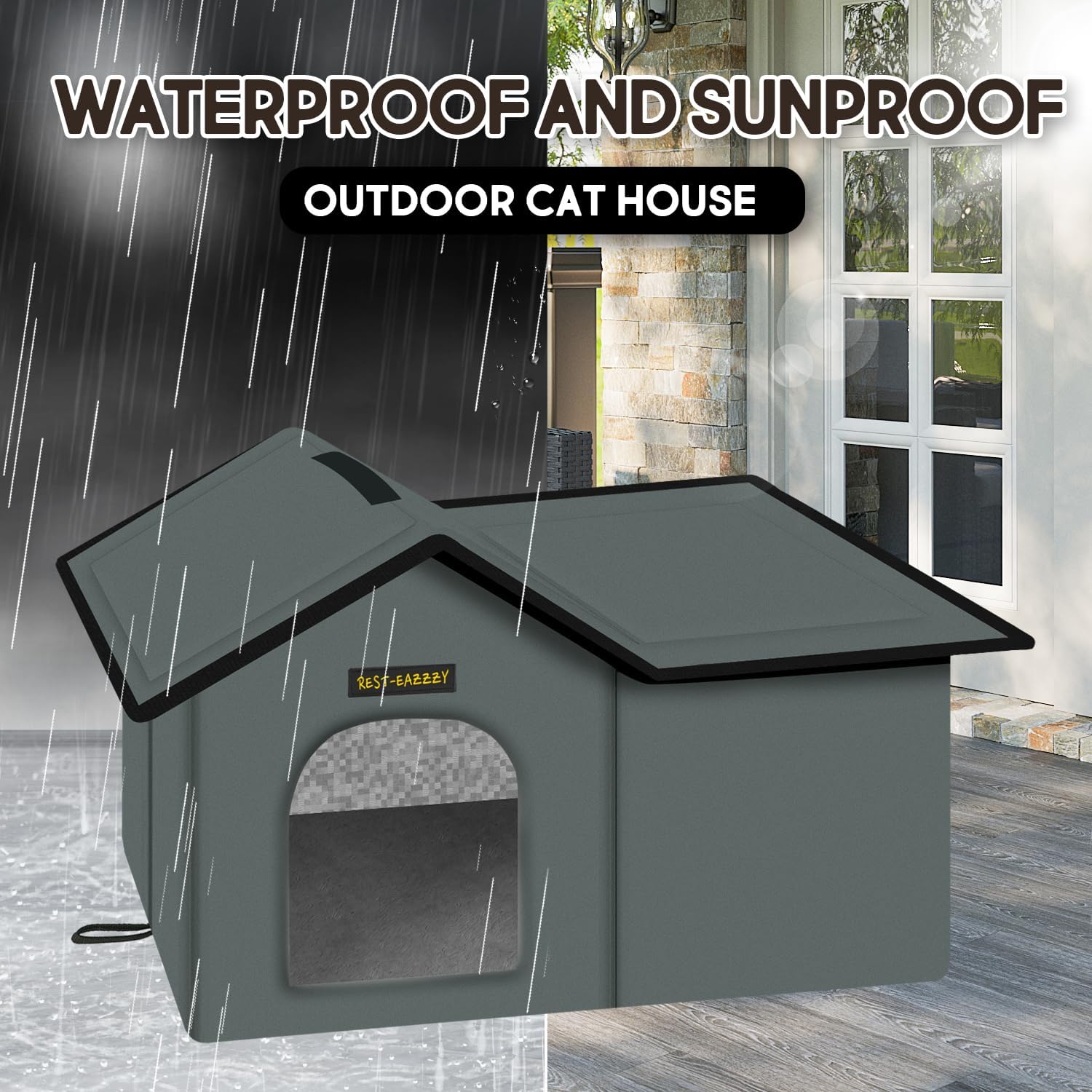 Rest-Eazzzy Cat House for Outdoor Cats, Weatherproof and Insulated Feral Cat House with Mat and Clip, Easy to Put Together, Selfwarming Cat Shelter for Winter(Grey, Waterproof House-L)